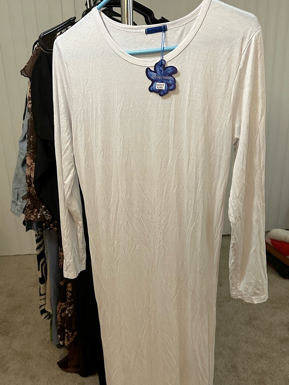 Cream/Off-White Long Sleeve Maxi Dress with Crew Neck